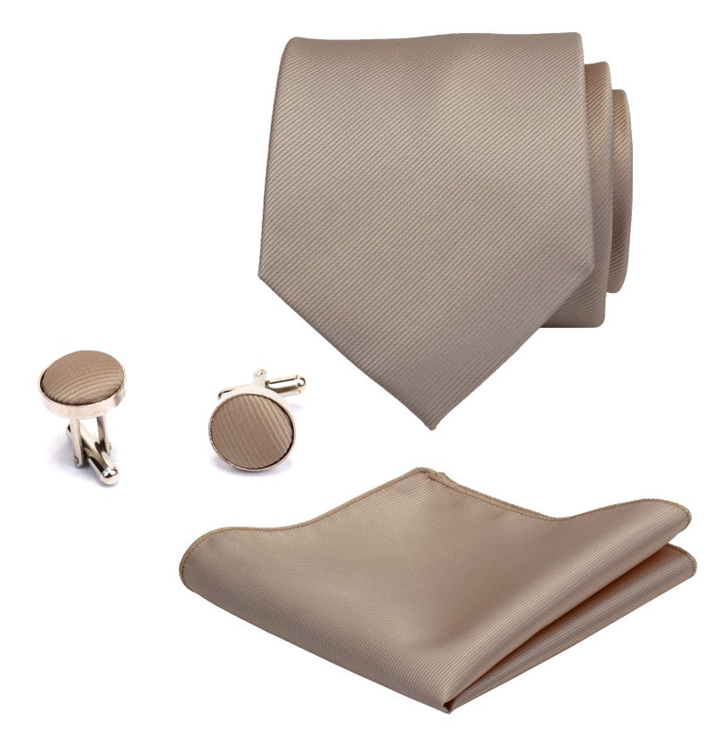 GUSLESON Brand Men's Solid Silk Champagne Ties Adult Neckties and Pocket Square Cufflinks Sets (0789-10) - Image 2
